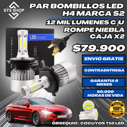 PAR BOMBILLOS LED MARCA S2 H4 12 MIL LMS C/U🔥